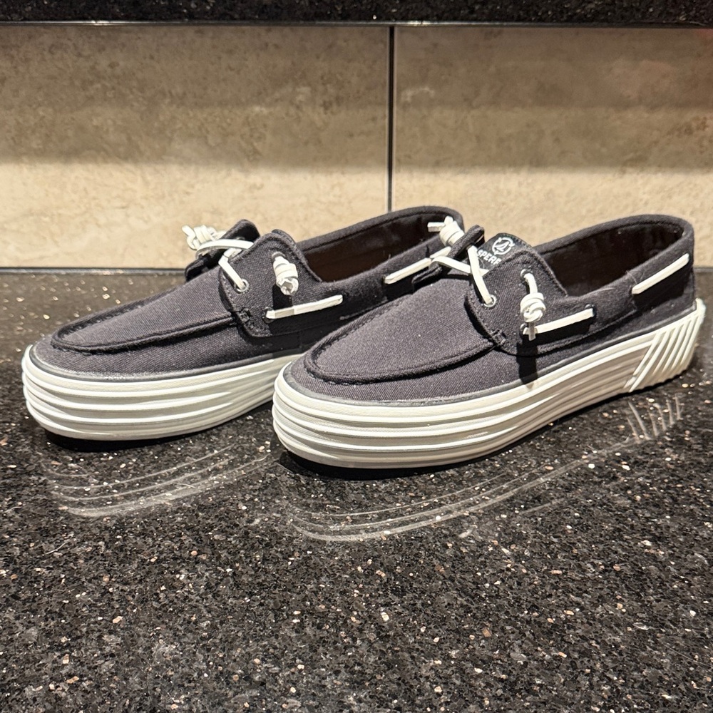 Sperry Black Canvas Platform Boat Shoes with White Sole